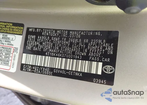 2007 Toyota Camry Le V6 из США, поврежденный, VIN 4T1BK46K07U001943